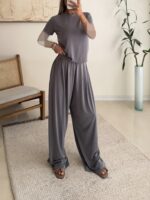 OYSHO Soft Touch Modal T-Shirt & Wide-Leg Pants Set-Dask Grey - تصویر 2