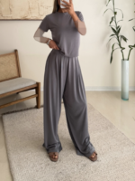 OYSHO Soft Touch Modal T-Shirt & Wide-Leg Pants Set-Dask Grey