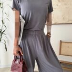 OYSHO Soft Touch Modal T-Shirt & Wide-Leg Pants Set-Dask Grey