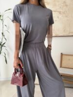 OYSHO Soft Touch Modal T-Shirt & Wide-Leg Pants Set-Dask Grey