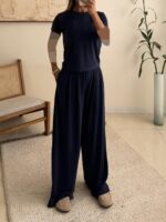 OYSHO Soft Touch Modal T-Shirt & Wide-Leg Pants Set-Black - Image 2