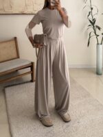 OYSHO Soft Touch Modal T-Shirt & Wide-Leg Pants Set-Mashroom Taupe - Image 4
