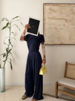 OYSHO Soft Touch Modal T-Shirt & Wide-Leg Pants Set-Navy