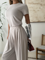 OYSHO Soft Touch Modal T-Shirt & Wide-Leg Pants Set-Mashroom Taupe - Image 2