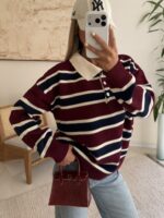 Striped Polo Knit Sweater-Camel Espresso - Image 2