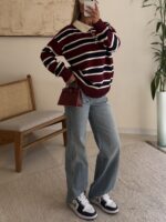 Striped Polo Knit Sweater-Camel Espresso - Image 4