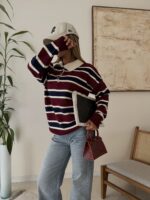 Striped Polo Knit Sweater-Burgundy Navy