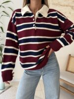 Striped Polo Knit Sweater-Camel Espresso - Image 3