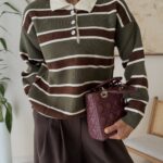 Striped Polo Knit Sweater-Olive Mocha
