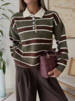 Striped Polo Knit Sweater-Olive Mocha