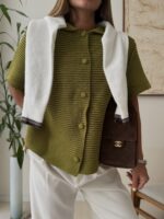 Heavyweight Crochet Cardigan – Olive Green - Image 2