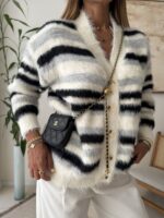 Luxury Fuzzy Striped Cardigan – Ivory Grey Black - Image 4