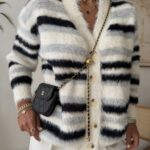 Luxury Fuzzy Striped Cardigan – Ivory Grey Black