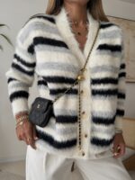 Luxury Fuzzy Striped Cardigan – Ivory Grey Black