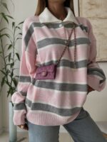 Striped Polo Knit Sweater-Blush Grey - Image 3