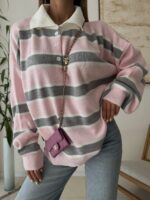 Striped Polo Knit Sweater-Blush Grey - Image 2