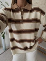 Striped Polo Knit Sweater-Cocoa Cream - Image 2