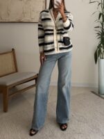 Luxury Fuzzy Striped Cardigan – Ivory Grey Black - Image 2