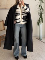 Luxury Fuzzy Striped Cardigan – Ivory Grey Black - Image 3