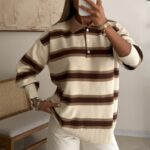 Striped Polo Knit Sweater-Cocoa Cream