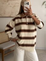 Striped Polo Knit Sweater-Cocoa Cream