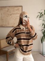Striped Polo Knit Sweater-Camel Espresso