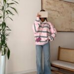 Striped Polo Knit Sweater-Blush Grey
