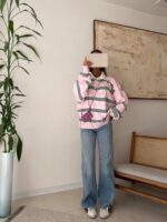 Striped Polo Knit Sweater-Blush Grey